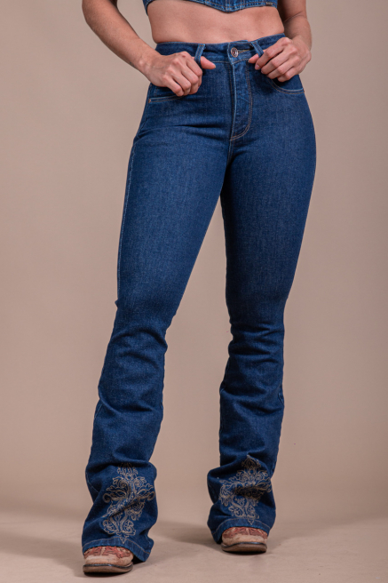 Calça Jeans Bootcut com Bordado Caqui e Cintura Alta | 30136